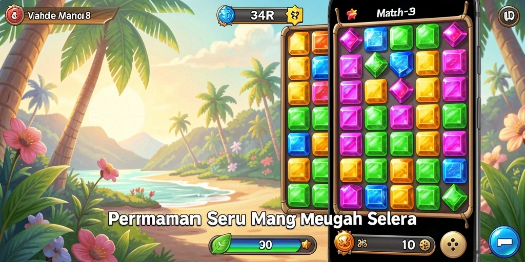 Tampilan gameplay <strong>34R</strong> dengan tantangan mencocokkan permata yang berwarna-warni.