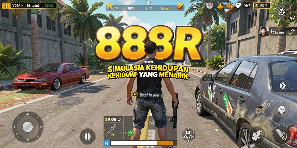 Tampilan gameplay 888R menampilkan kehidupan sehari-hari yang penuh warna.