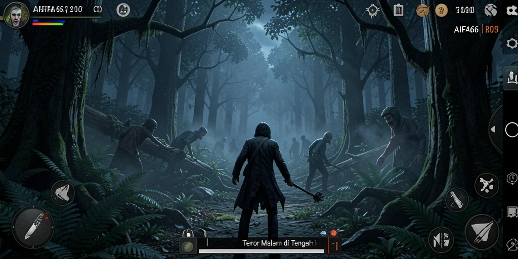 Screenshot AIFA66 menampilkan momen menegangkan di hutan gelap.