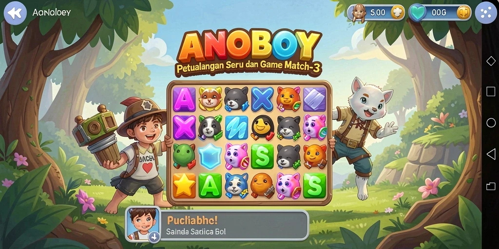 Tampilan gameplay ANOBOY dengan warna-warni buah yang seru.
