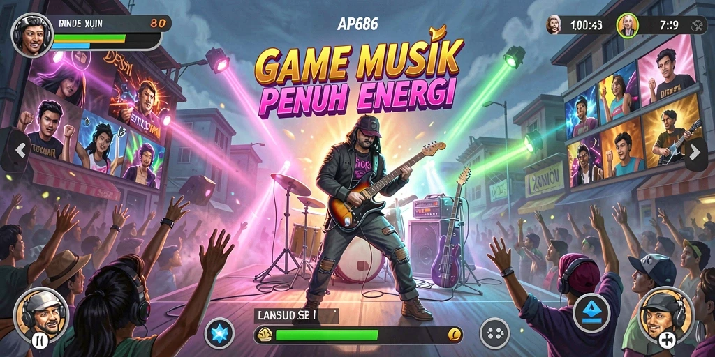 Screenshot utama AP686 menampilkan gameplay menarik dengan musik yang mengalun.