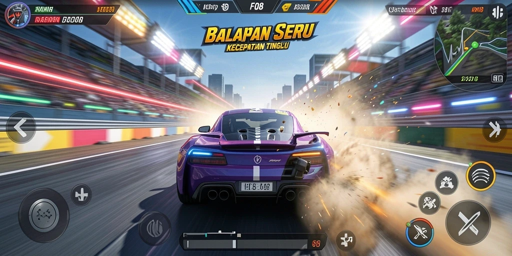 Tangkapan layar game FO8 menampilkan action balapan yang menegangkan dan menarik.