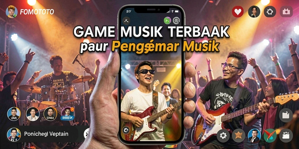 Screenshot utama FOMOTOTO menunjukkan gameplay seru dengan musik.