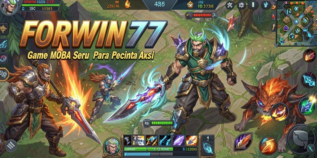Tangkapan layar gameplay FORWIN77 menampilkan pertarungan seru antara karakter-karakter unik.