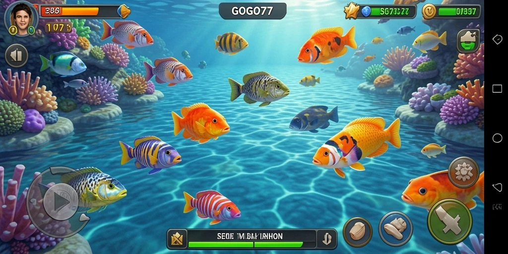 Screenshot gameplay GOGO77 menampilkan aksi menembak ikan yang seru.