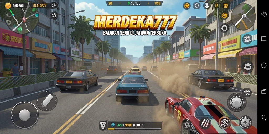 Screenshot gameplay MERDEKA777 menampilkan balapan yang mendebarkan dan grafis yang mengesankan.