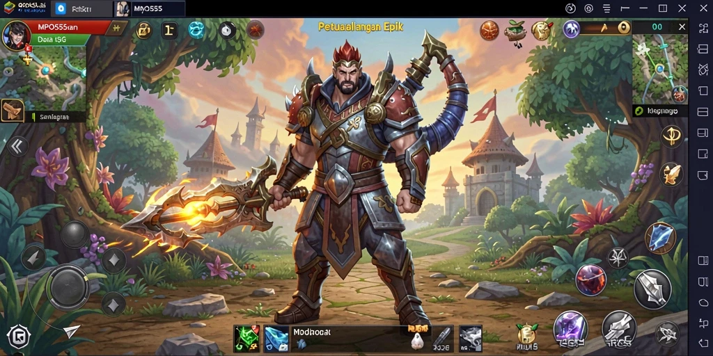 Screenshot menampilkan karakter bertarung melawan monster di dunia RPG yang luas.