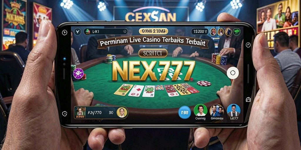 Screenshot utama menunjukkan dealer yang ramah dan gameplay Live Casino yang seru.