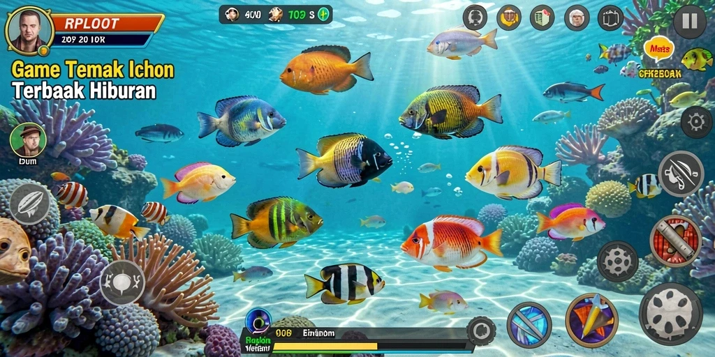 Screenshot dari gameplay RPLOOT yang menggambarkan keseruan berburu ikan.
