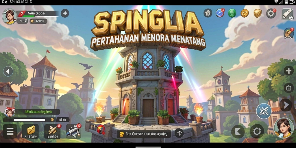 Tangkapan layar gameplay SPINGILA menunjukkan menara yang beraksi melawan gelombang musuh.