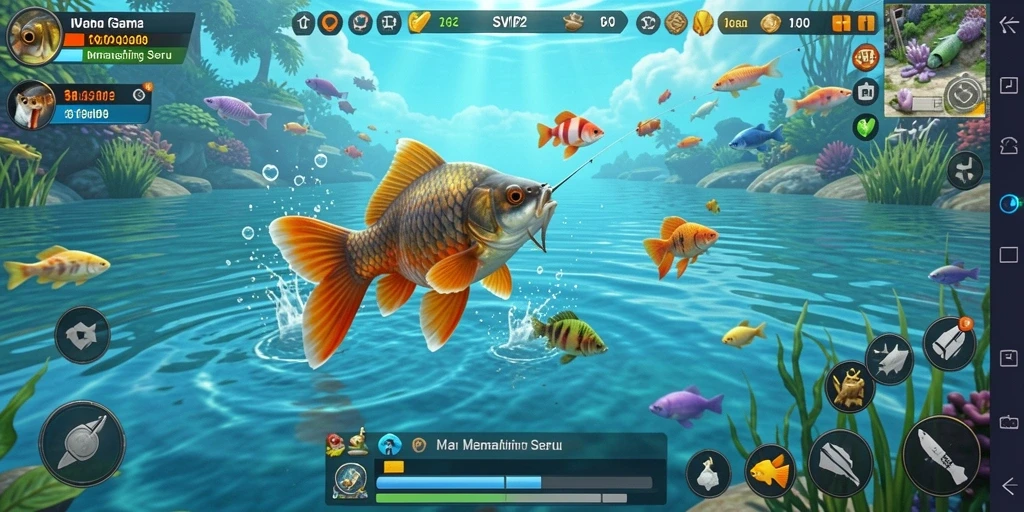 Tampilan gameplay SVIP2 dengan aksi memancing yang seru dan lokasi yang indah.