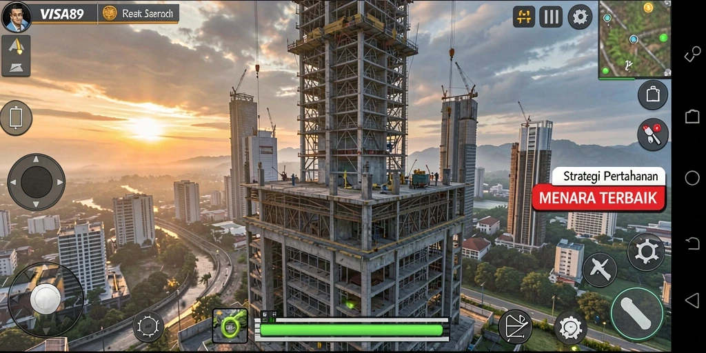 Screenshot gameplay VISA89 menampilkan pertahanan menara yang strategis.
