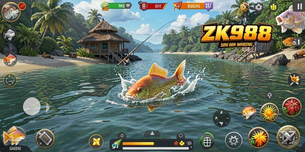 Tangkapan layar gameplay <strong>ZK988</strong> menampilkan aksi memancing yang mendebarkan.